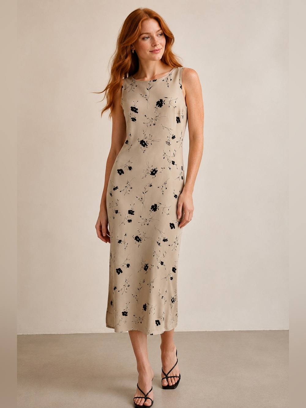 Petite Sophisticate Beige Floral Sleeveless Midi Dress